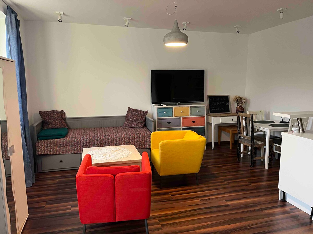 A cozy living area is furnished with a colorful yellow armchair and a red armchair, providing vibrant seating options. A TV is mounted on the wall above a low cabinet with multiple drawers. A small dining table and chairs are located nearby, enhancing the room's functionality.