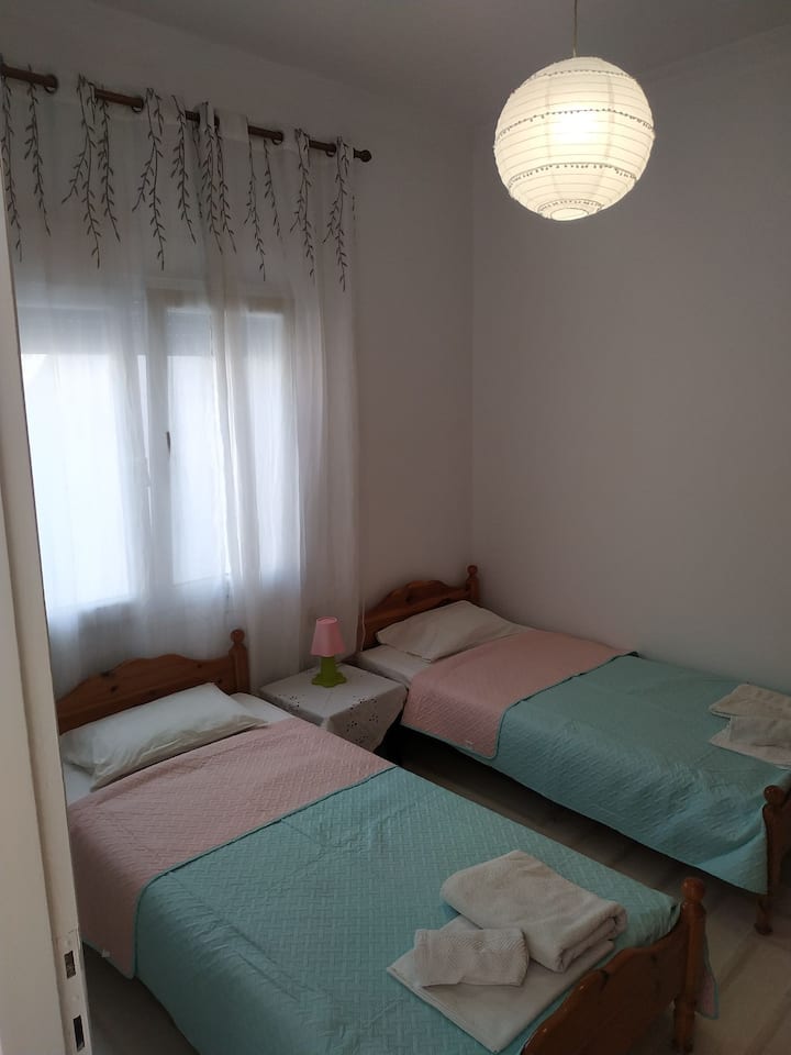 Δωμάτιο με δύο μονά κρεβάτια με δυνατότητα να ενωθούν και να μπει στρώμα ανάμεσα στο κενό.