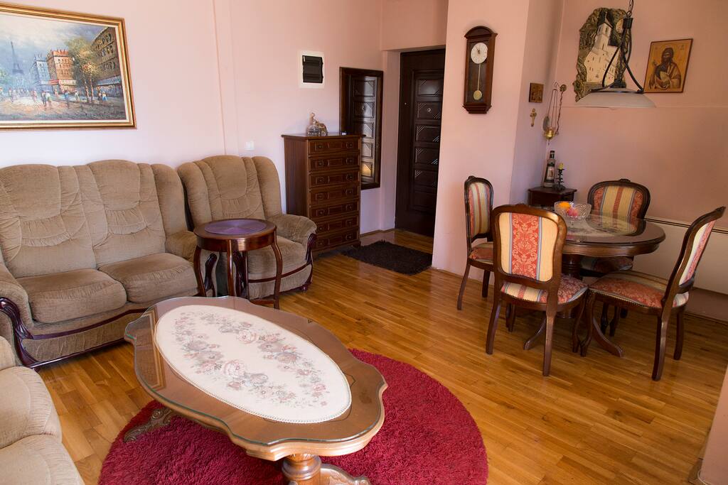 Living room with one of the couches that turns into bed which fits two people.