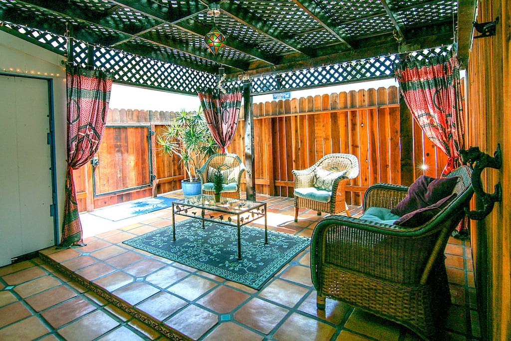 Large Private indoor/outdoor cabana. Shed (left) extra storage,