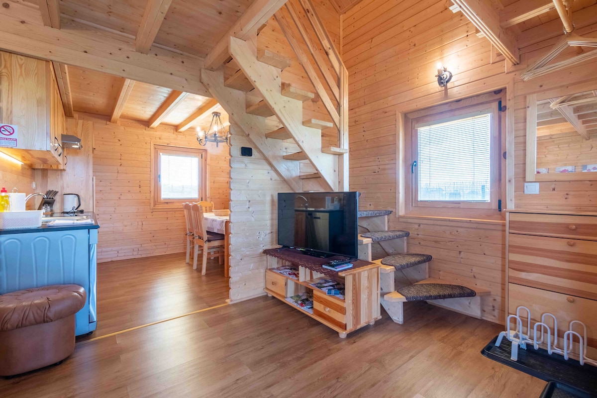 The interior of a wooden cabin features natural wood paneling and a cozy atmosphere. A staircase leads to the upper level, while an open kitchen is equipped with essential appliances. A television is positioned on a wooden stand, and a dining area is visible nearby.