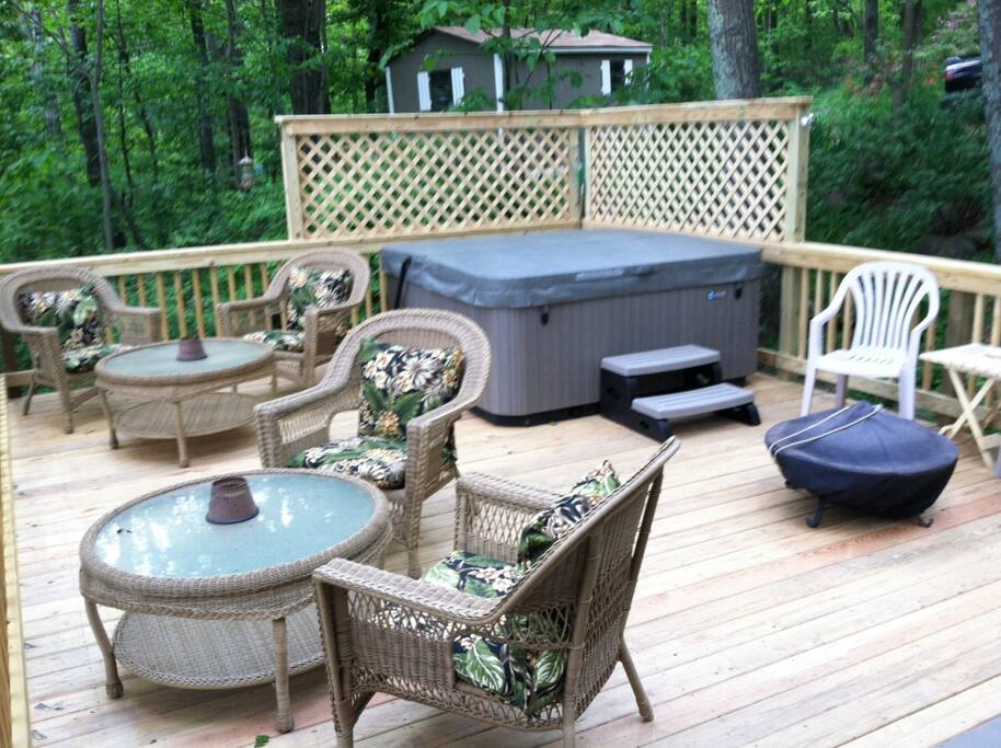 Large deck with hot tub & fire cauldron