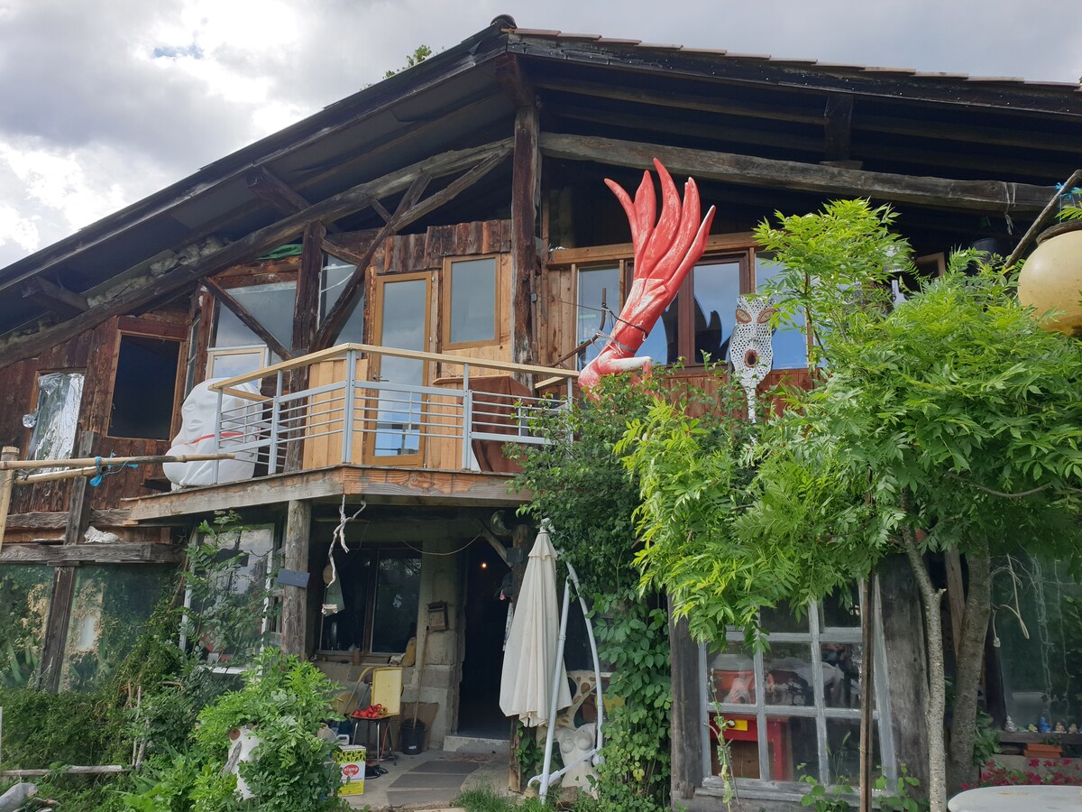 The exterior of a rustic wooden building is visible, featuring a wraparound balcony adorned with plants. A large sculpture of a lobster is perched on the balcony edge. Surrounding greenery adds to the natural setting, while a few windows reveal glimpses of the interior.