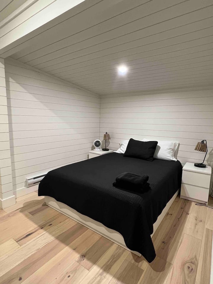 2e chambre principale de la maison. Lit queen size. Télévision avec placard intégré avec 6 tiroirs et plan de travail en quartz. 
