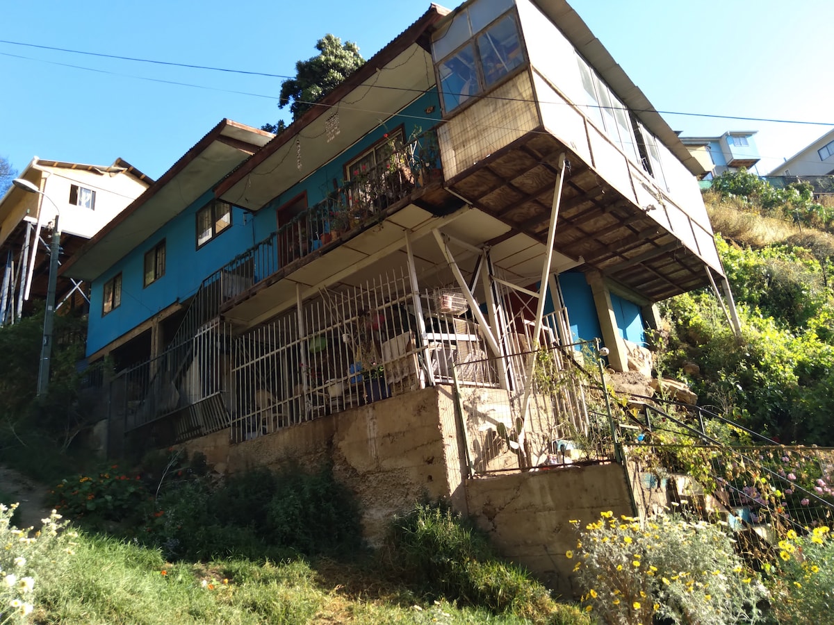 A multi-level house is positioned on a hillside, featuring a blue exterior with large windows. The structure includes a porch surrounded by a metal railing and is set against a backdrop of lush greenery and blooming flowers.