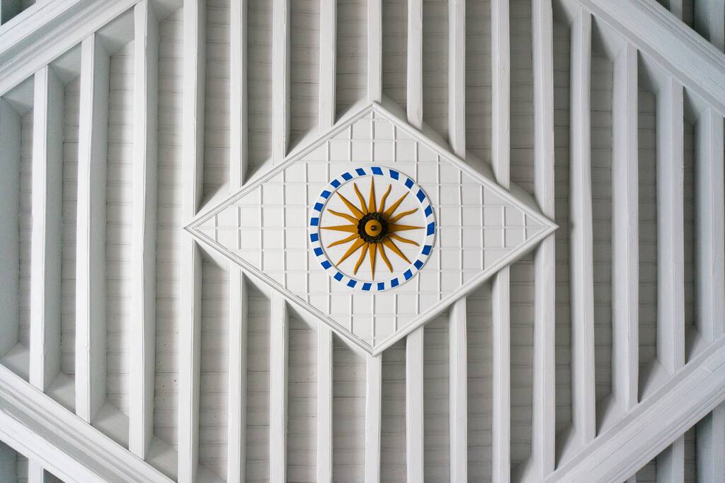 Carved and painted wood ceiling dated 1760