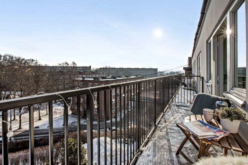 Enjoy breakfast on a sunny balcony. The apartment gets direct sunlight until 2-3PM during summer.