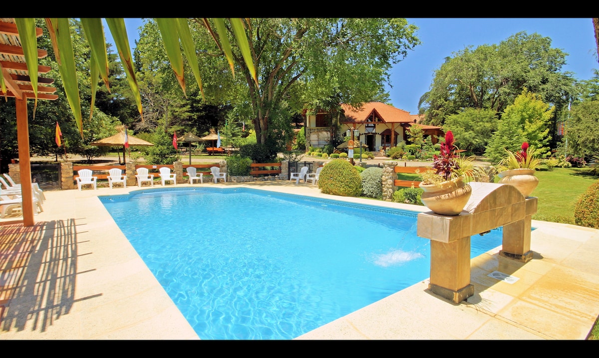 A tranquil outdoor area features a swimming pool surrounded by lush greenery and sun loungers. The pool is framed by palm leaves, and a couple of decorative planters are positioned near the edge. A serene residential backdrop adds to the relaxing atmosphere.