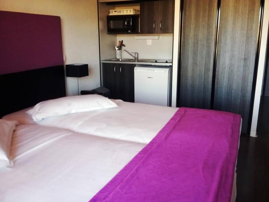 There will be either 2 twin beds or a double bed in your studio as well as a kitchenette.