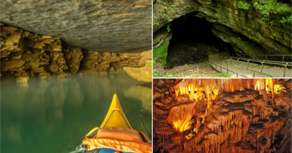 A collage showcasing stunning cave scenery. The first section illustrates calm water reflecting stone ceilings. The second features a cave entrance with a stone pathway leading inside. The third captures intricate stalactites and stalagmites illuminated in warm tones, creating a visually striking underground environment.