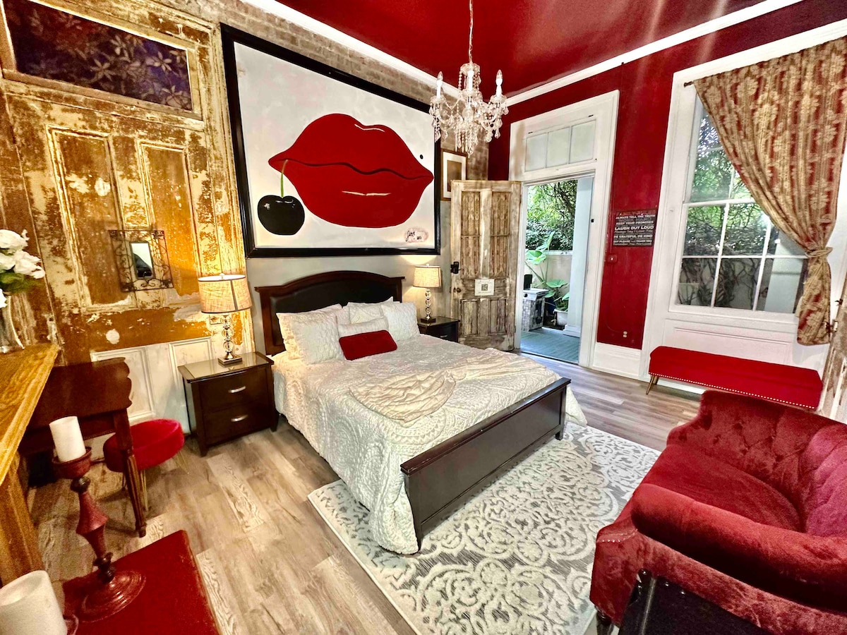Red Room first floor, private entrance. Large shower with  7  showerheads &  built-in TV shower. Dual vanity, smart direct tv 