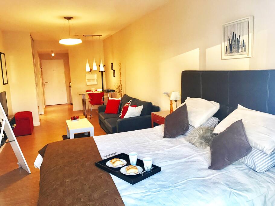 Bed, living and dining areas
