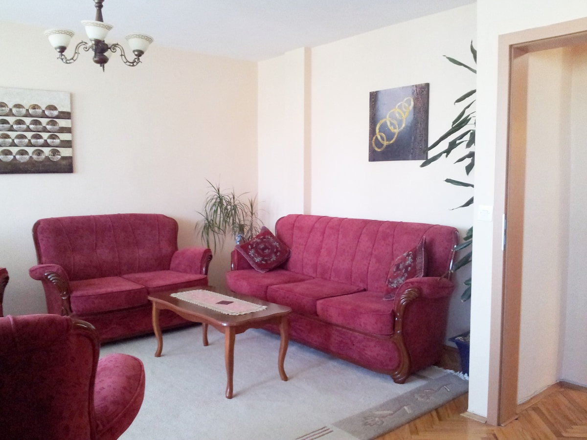 A living area features two plush red sofas facing each other, with decorative pillows adding detail. A wooden coffee table is centered on a light-colored rug, surrounded by potted plants. Wall art and a chandelier contribute to the welcoming ambiance.
