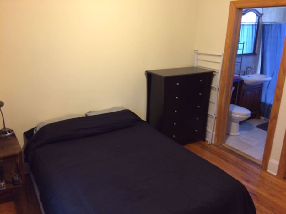 Bedroom has direct access to bathroom.
