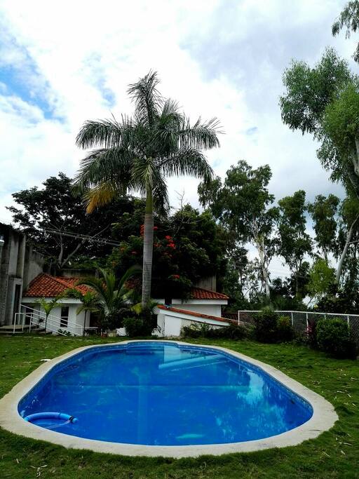 Pool with apartment in the background