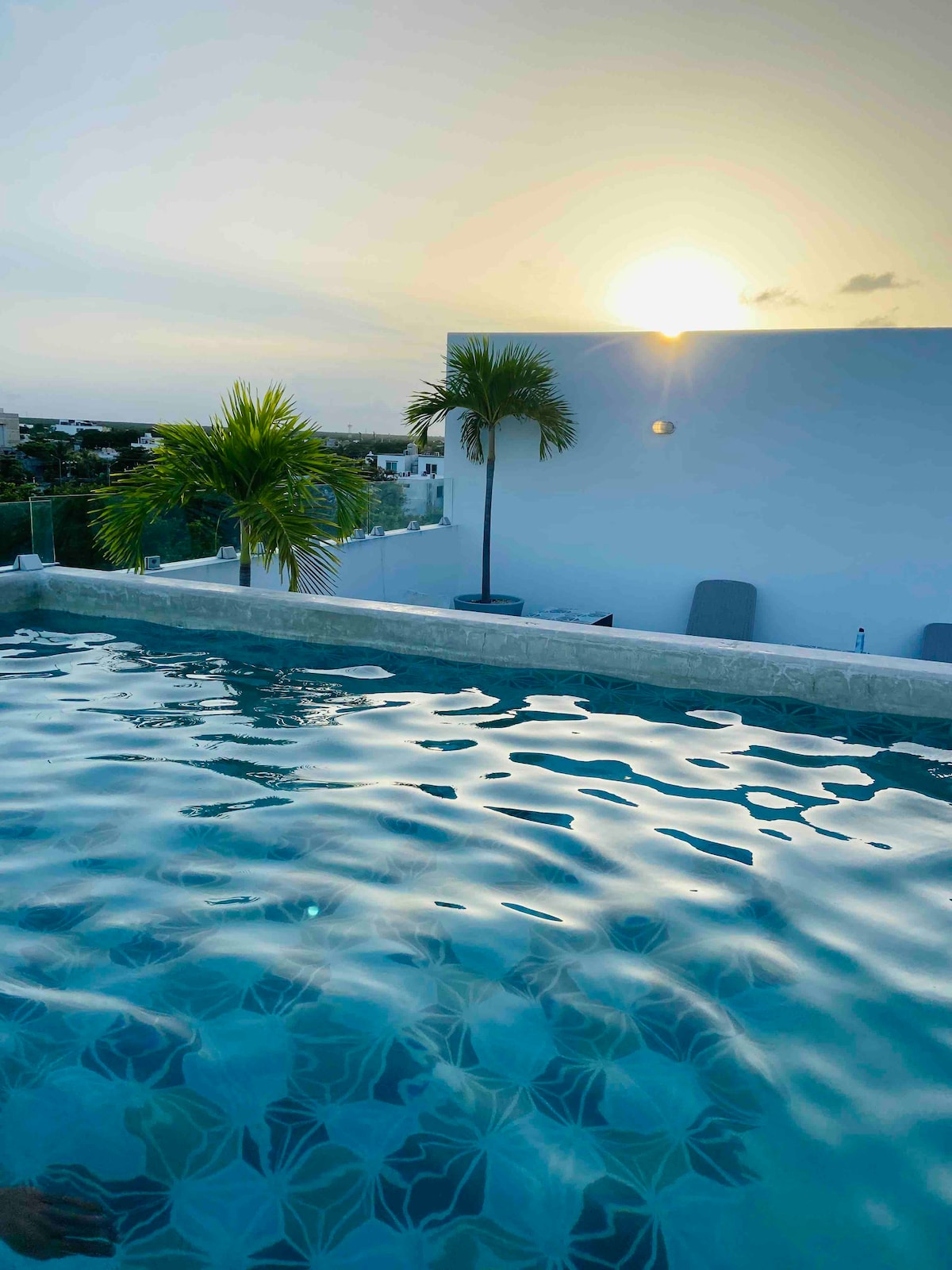A rooftop pool is visible, reflecting the soft hues of a sunset. Lush palm trees frame the scene, with a smooth, tiled edge surrounding the water. The tranquil atmosphere is enhanced by the distant outline of the surrounding buildings.