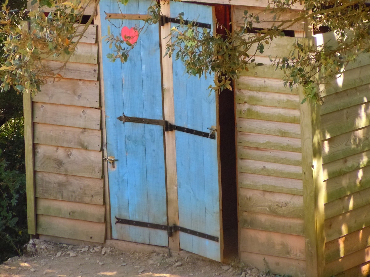 A brightly painted blue wooden structure stands amid greenery, featuring two large doors adorned with a heart motif. The doors are secured with black hardware, and the textured wood showcases natural tones.