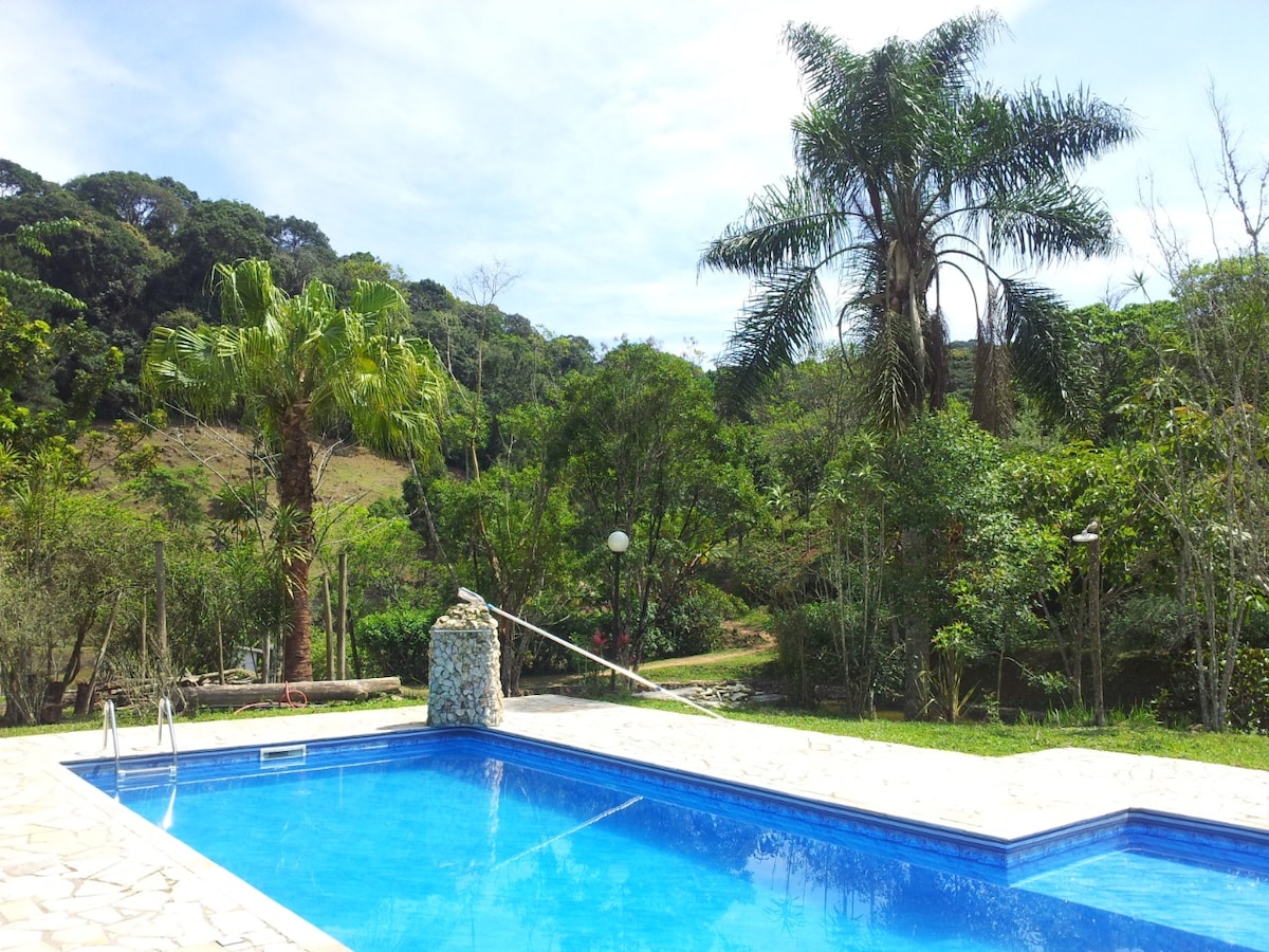 A heated pool is framed by lush greenery and palm trees. The clear blue water of the pool reflects the surrounding landscape, which features a variety of trees and plants. The tranquil setting is complemented by a stone fountain at one end of the pool.