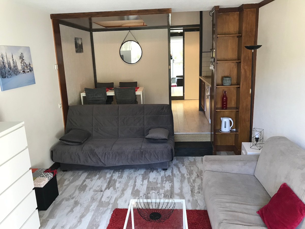 A modern living area is presented, featuring a gray convertible sofa and a light-colored sofa. A glass coffee table is centered on the floor, while a dining area with a round table and chairs is visible in the background. Natural light enters through the nearby door.