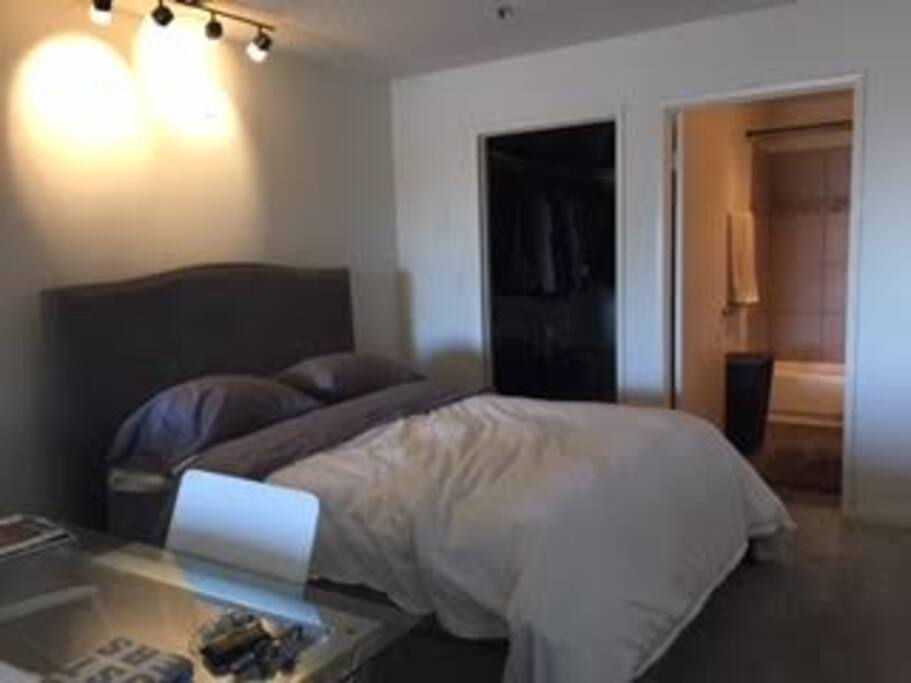 Bedroom with queen size bed, desk, ample closet space, very modern bathroom.