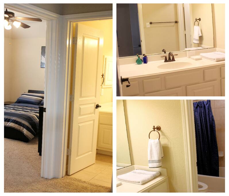 Bathroom next to room, Sink separate from toilet and shower.