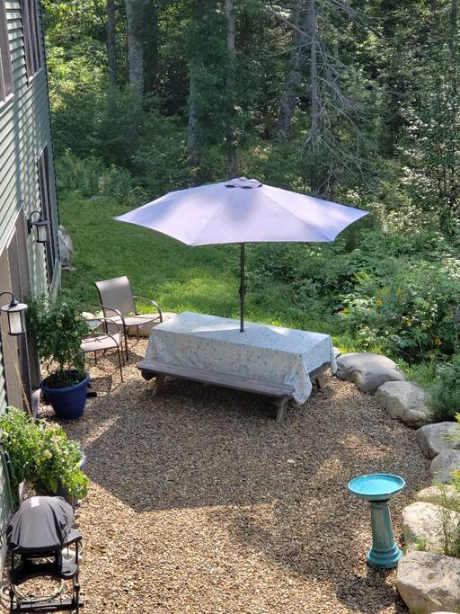 Patio with picnic table, umbrella, chairs and gas grill. Your own organic tomatoes in the blue planters at each side of your entrance door. Birdbath and feeder, if you like to watch the birds. I'll fill each day or you can if you prefer.