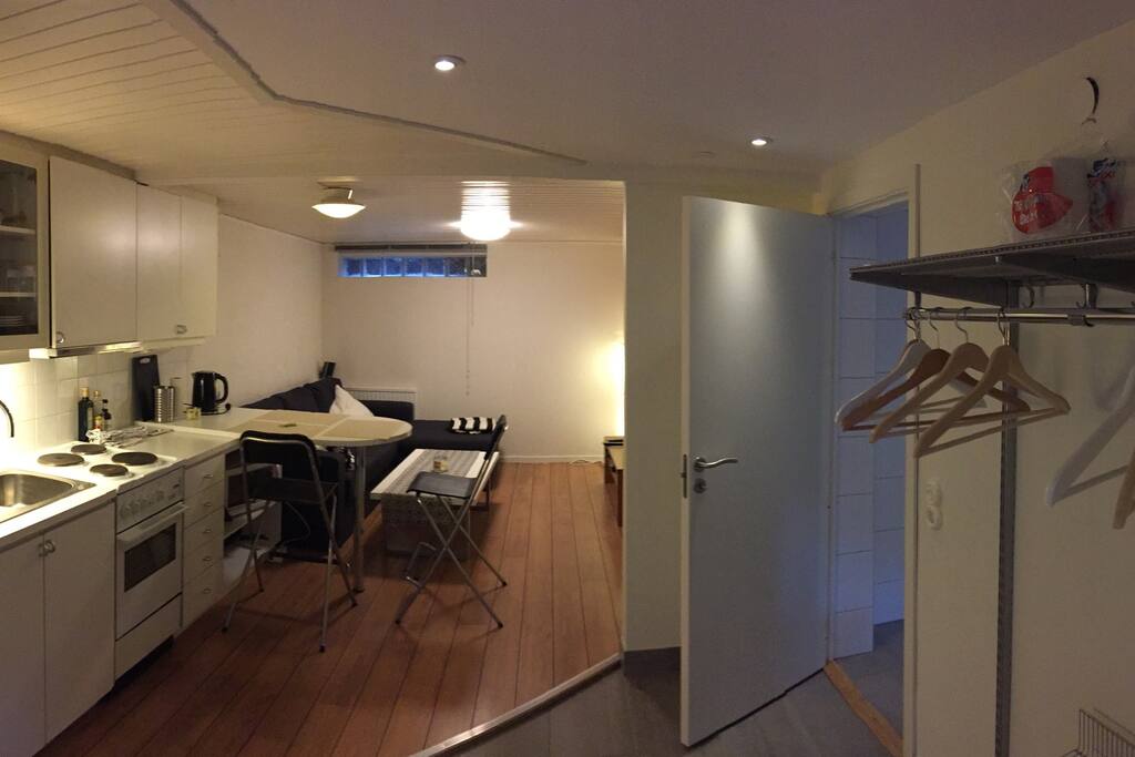 Kitchen and living room viewed from entrance, bathroom to the right.