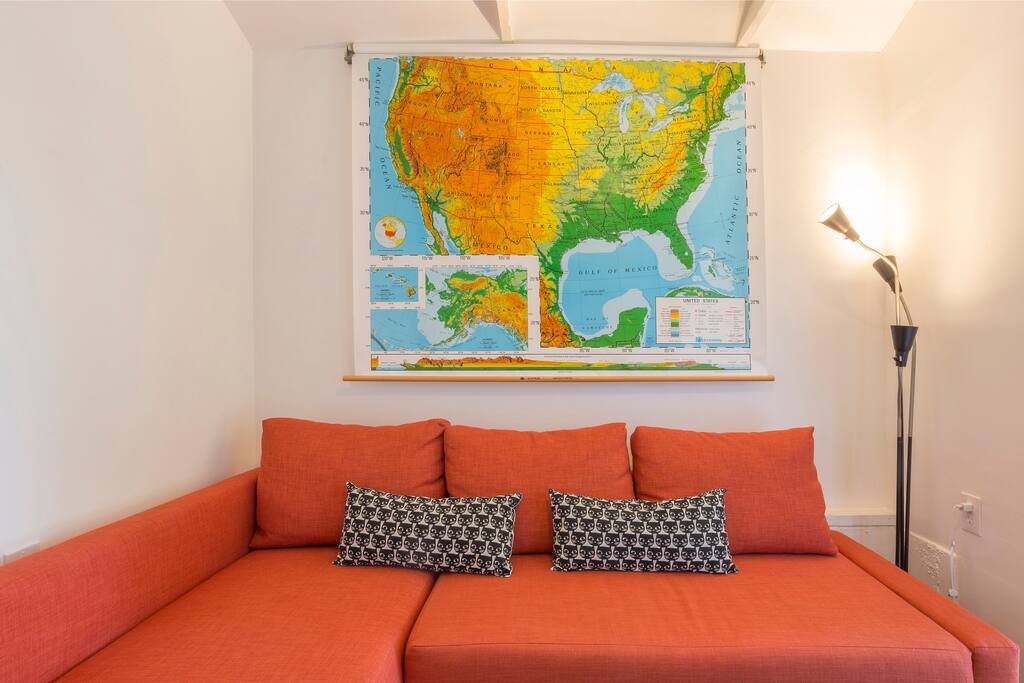 This sofa converts to a queen-sizedhi bed in case two friends want to stay (in seperate beds). Fresh linens provided in the chaise lounge portion of the couch. Just lift up.