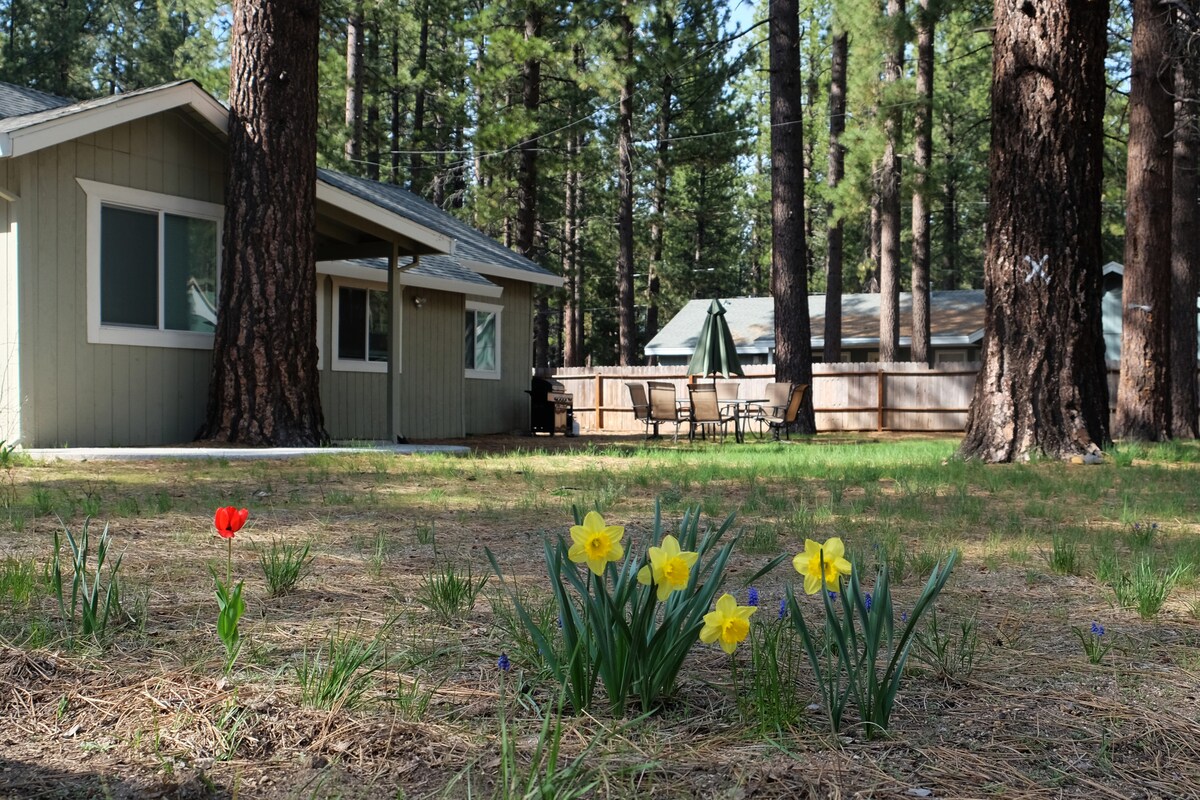 A view of the house is shown among tall pine trees, with vibrant flowers in the foreground. The exterior features a light green color, and a patio area can be seen behind, furnished with a table and umbrella under natural light.