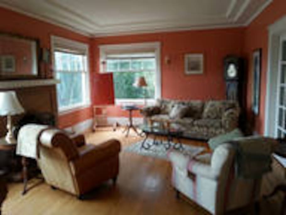 Comfortable living room with fireplace is a great spot for easy converstation.