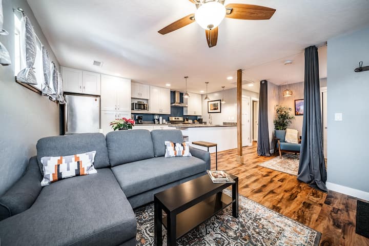 interior view of retreat in Flagstaff showing open floor plan including the kitchen and living area