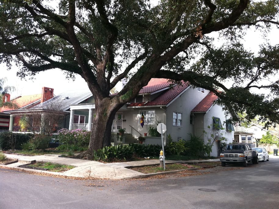 Front/side view of the historic Fontainebleau home on the Oak tree lined historic Fontainebleau Drive in Uptown New Orleans