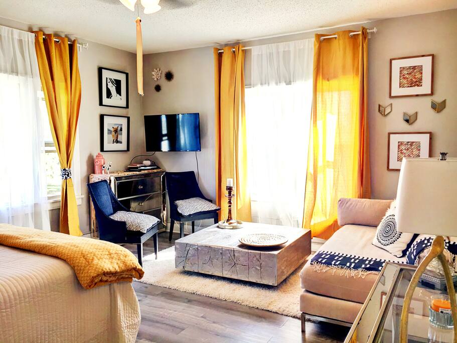 Bluetooth speaker, dresser, had smart tv on a full motion bracket for your view comfort in bed or in living room