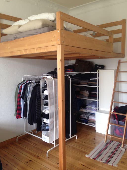 A super stable highbed, but with a super comfy mattress, below my wardrobe.