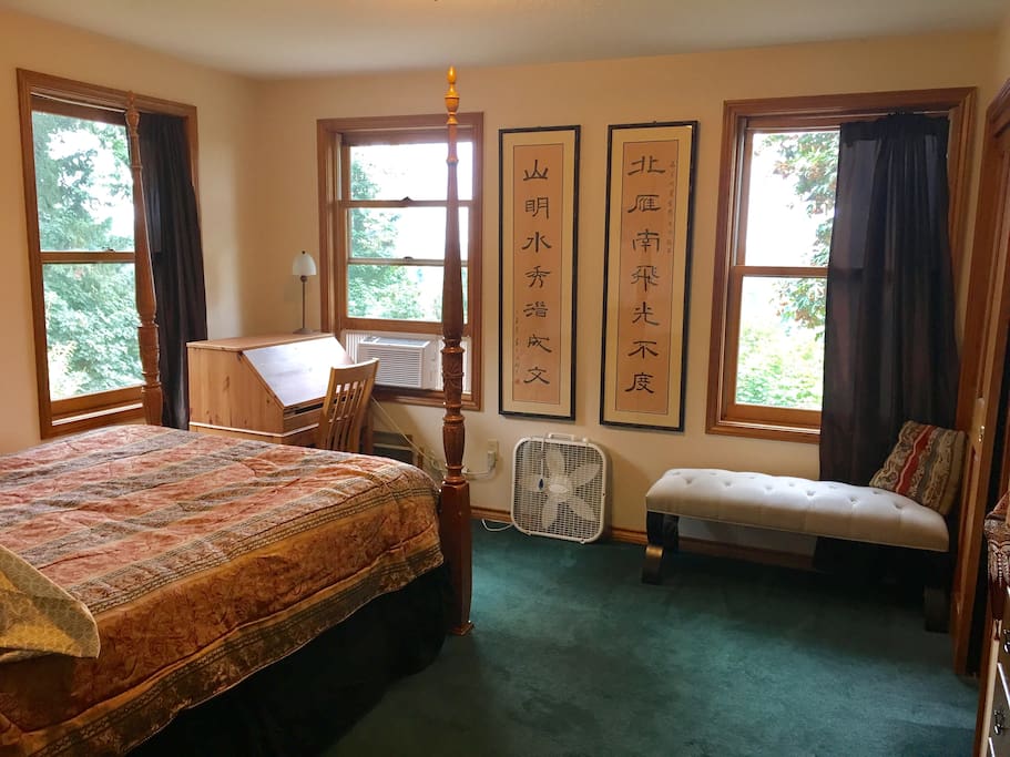City views across the valley from the chaise lounge, comfy Queen bed, writing desk with AC and warm radiant heat in the winter.
