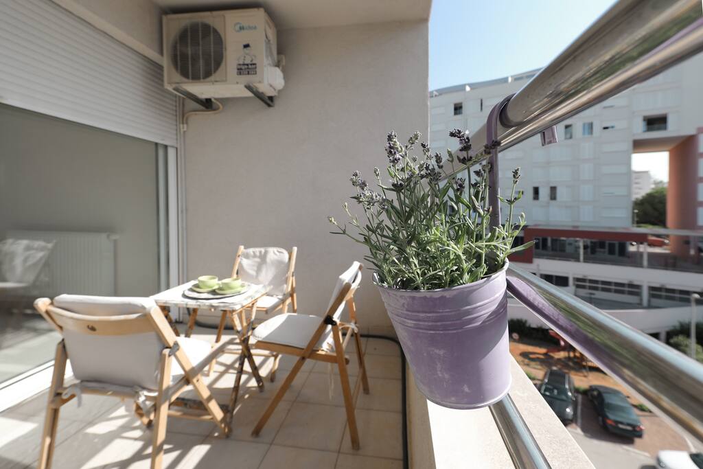 The balcony with fresh lavender