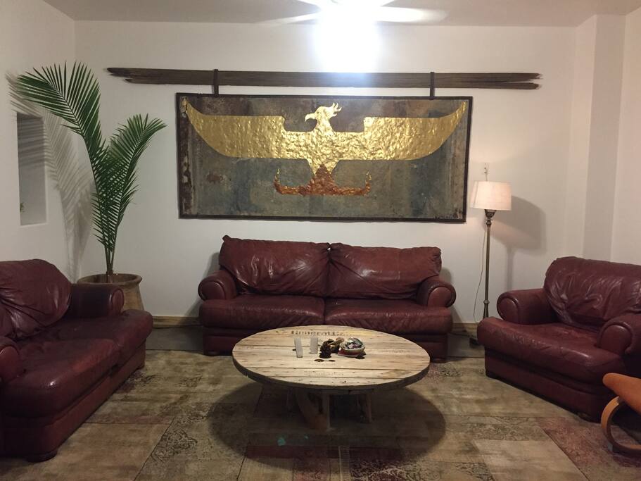This giant custom art piece was created by the owners using vintage materials found on the property.
