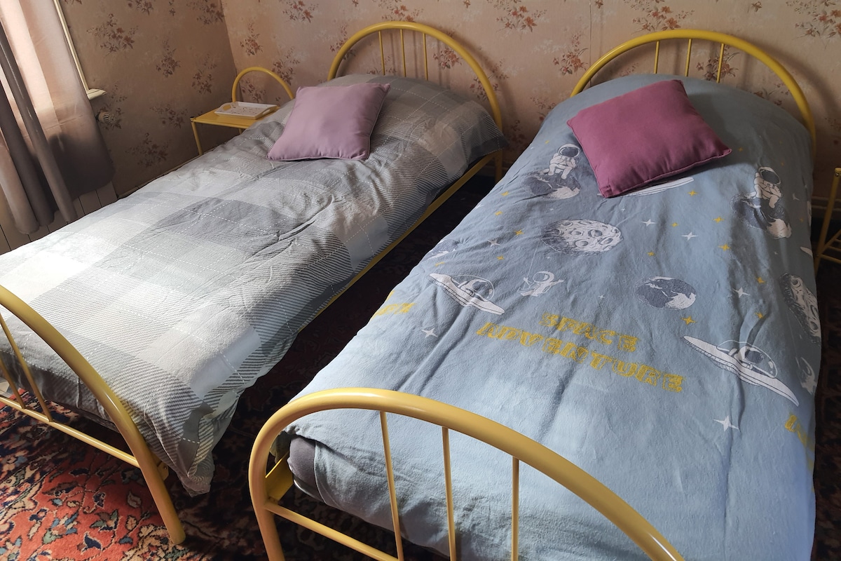 Two single beds with yellow metal frames are positioned in the room. One bed is covered with a light plaid blanket, while the other features a space-themed comforter. Two mauve pillows are placed atop each bed, adding a touch of color. Natural light filters through nearby curtains.