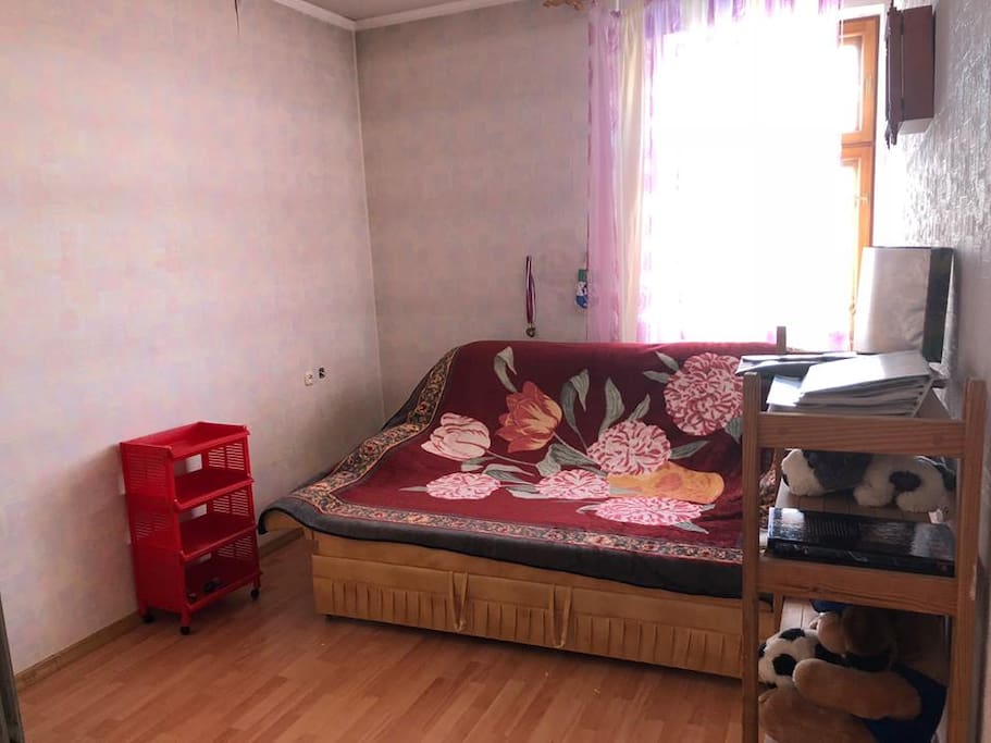 Спальня №2: с диваном-кроватью, большое светлое окно, кресло, полка для одежды.
Bedroom №2: with sofa bed, large light window, armchair, clothes shelf.