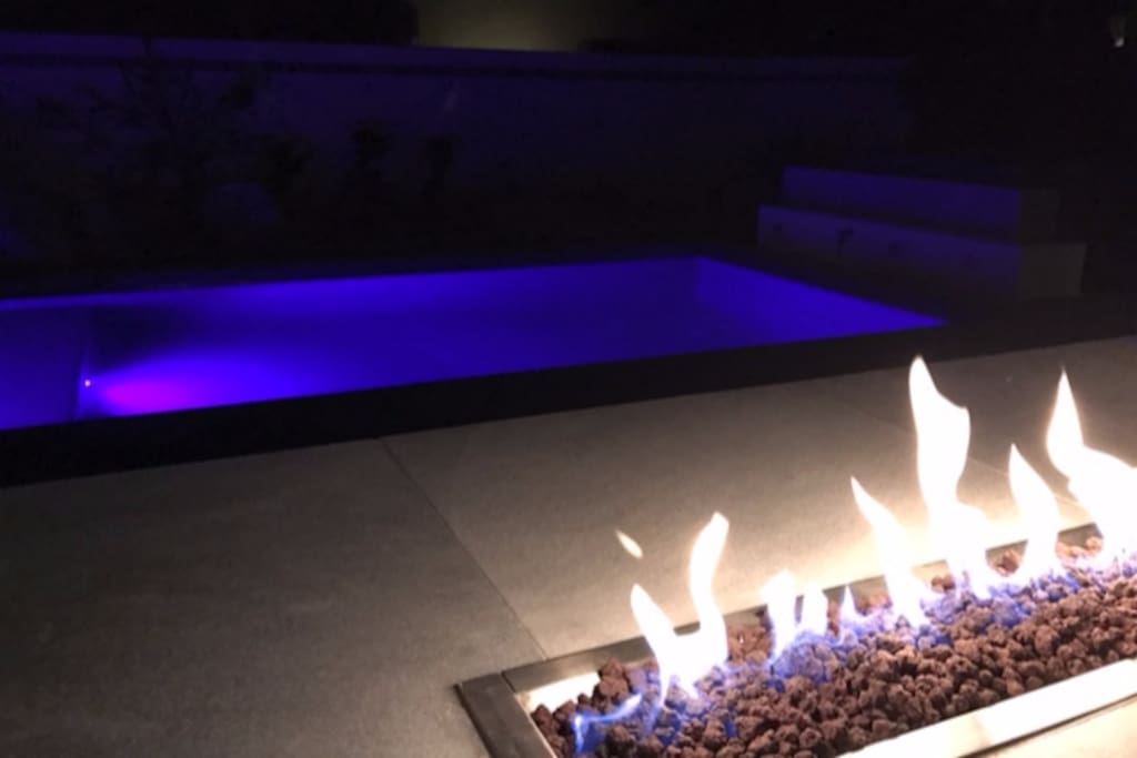 Backyard heated pool and island fire bar