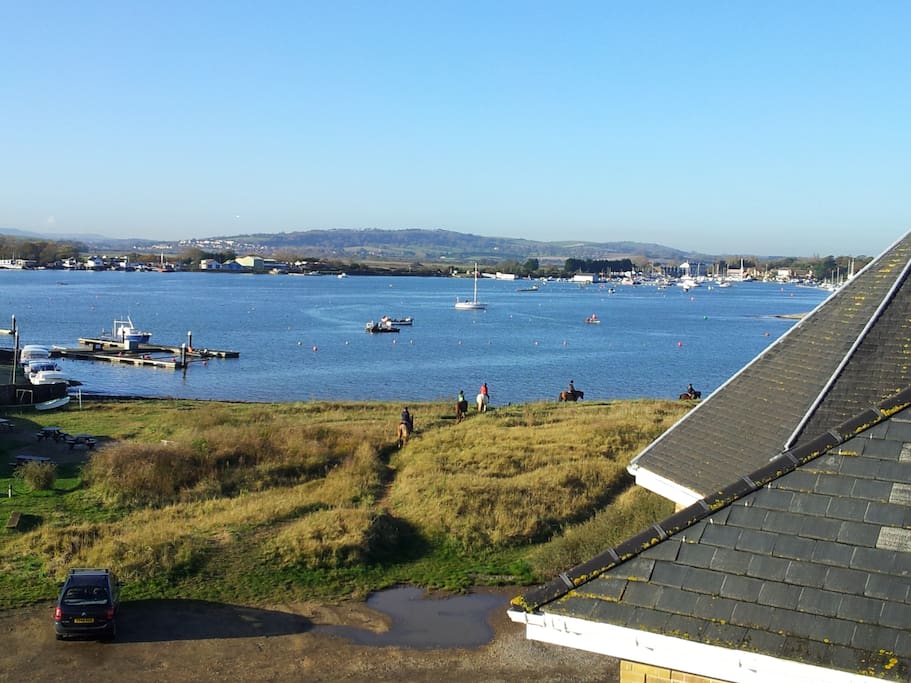 Harbour view from the top of the house with sandy beach just beyond the horses