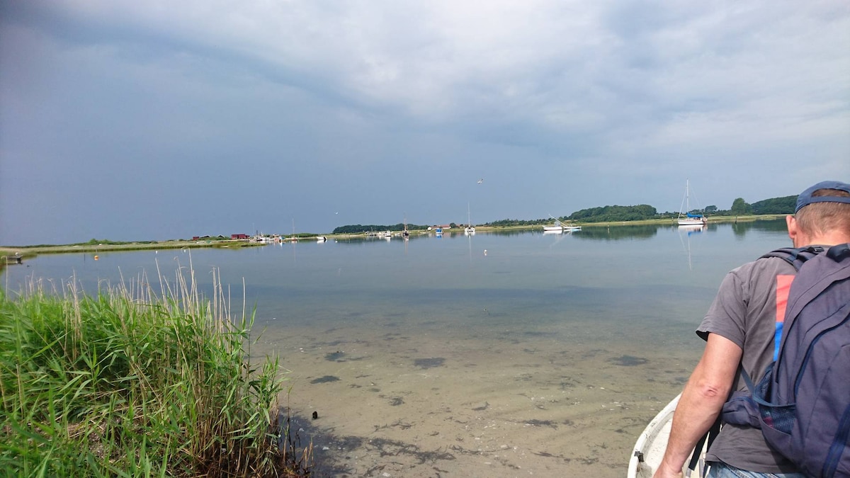 A calm waterway is seen under an overcast sky, reflecting distant boats anchored nearby. Lush green reeds border the water's edge, while a figure is positioned to the right, engaged in the surrounding natural landscape. The area conveys a sense of tranquility and connection to nature.