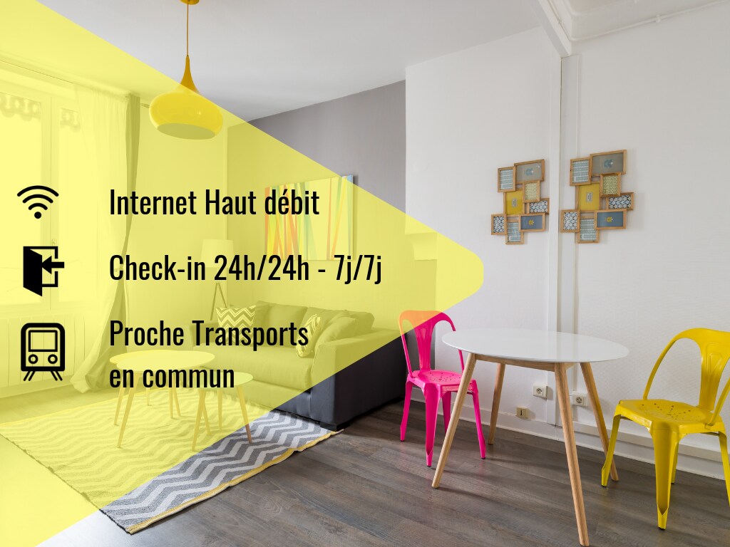 A bright and functional living space features a round table surrounded by vibrant chairs. A plush area rug adds comfort. Information about high-speed internet and transportation access is clearly displayed, contributing to the inviting atmosphere of the room.