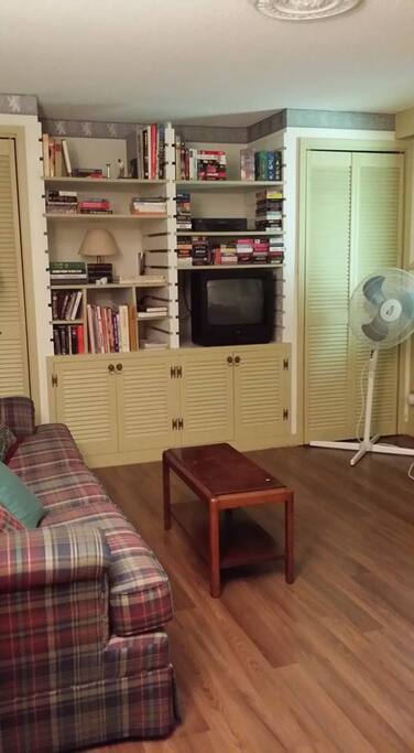 The den is full of books, movies, and board games.
