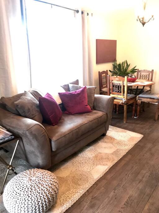 The living room and dining room.