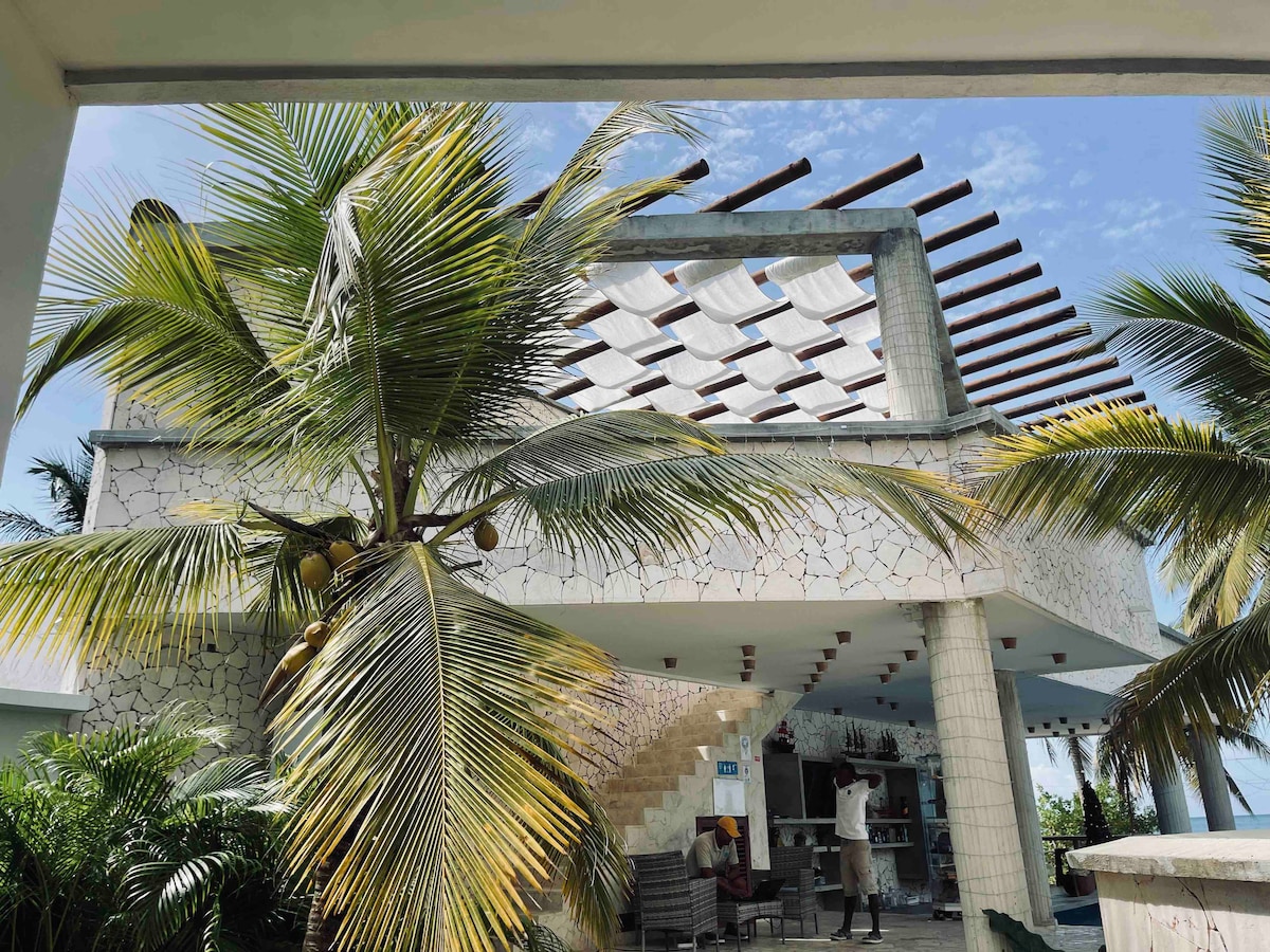 An elegant structure showcases a mix of natural elements and modern design, with palm trees framing the view. The terrace features a textured facade complemented by horizontal wooden beams, and a bar area is visible beneath the overhang, providing a relaxed atmosphere.