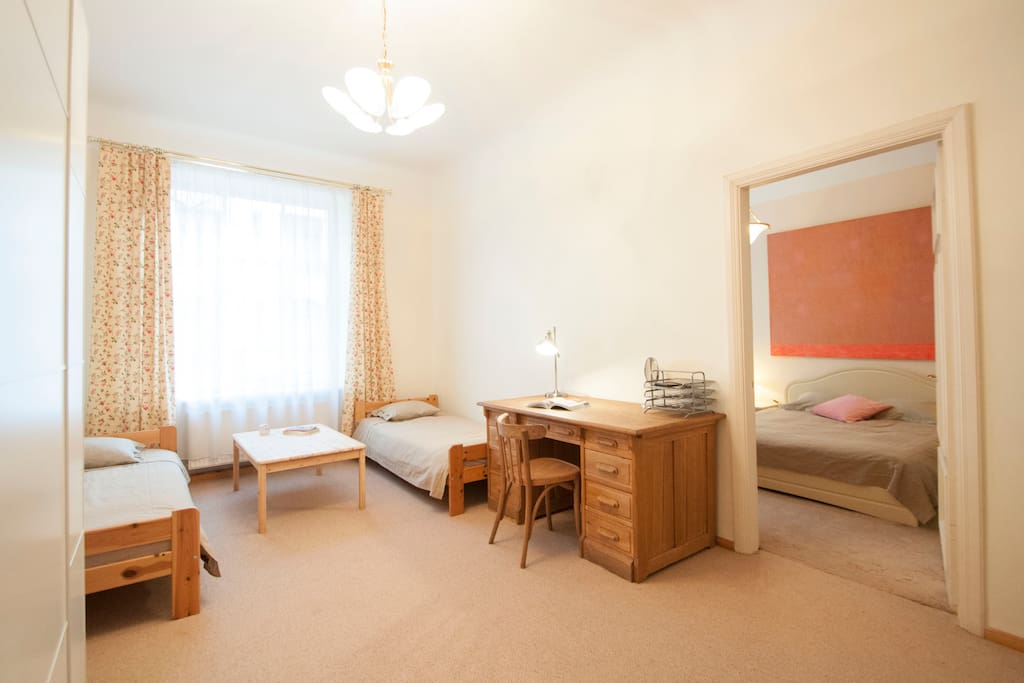Bedroom with two separate beds.