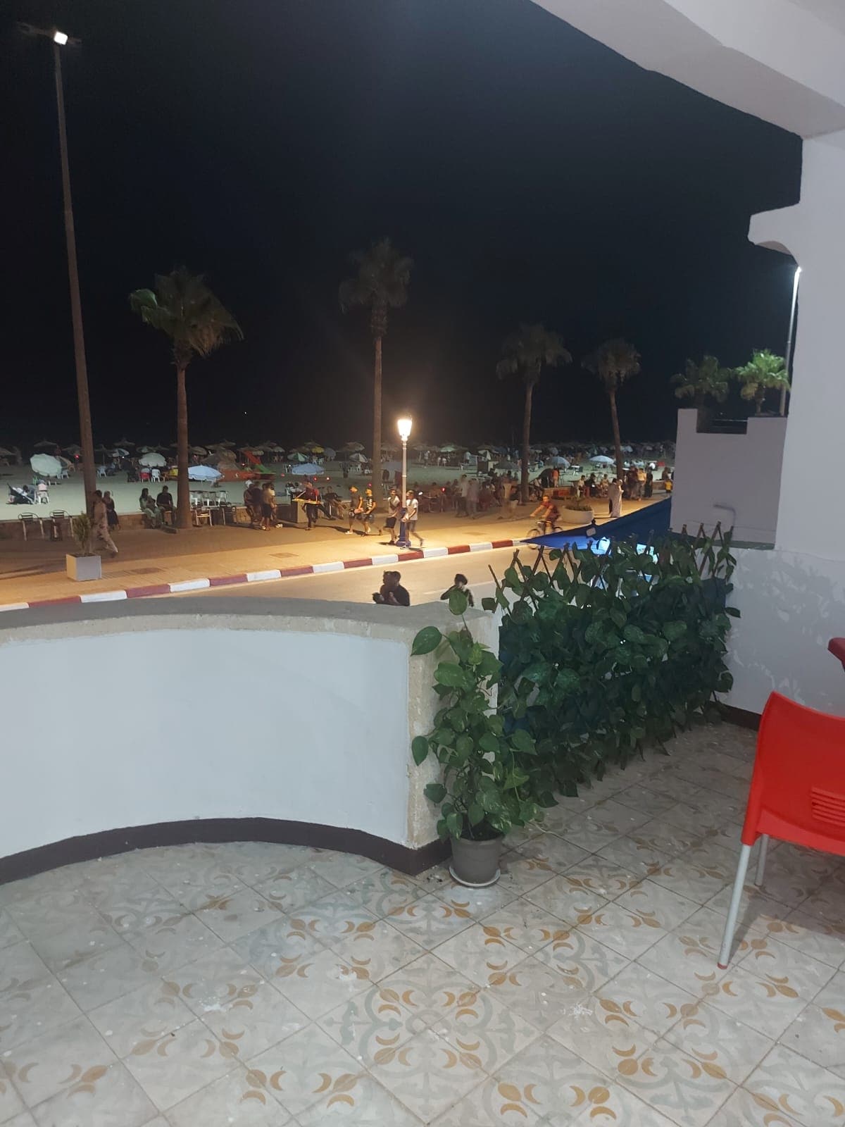 A view from a balcony overlooking a lively beach promenade under a night sky. Streetlamps illuminate the area, highlighting palm trees and umbrellas along the sandy shore. A small potted plant rests in the corner, while a red chair is placed nearby on patterned tiles.