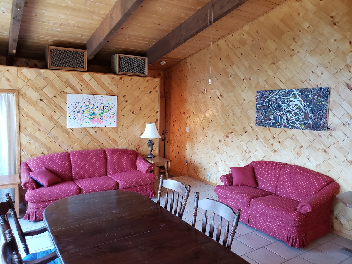 The living and dining area features a warm wood-paneled wall complemented by tiled flooring. Two red patterned sofas offer seating, while a dark wooden dining table provides a gathering space. Colorful wall art enhances the atmosphere, creating an inviting environment.