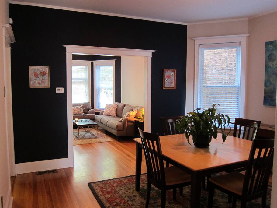 Dining and Living rooms. View looking in from kitchen hallway.